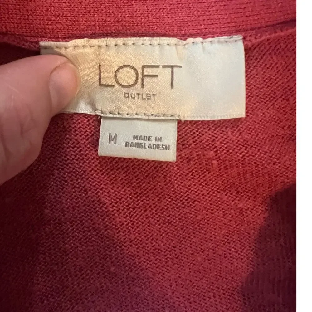 LOFT Long Cardigan, Medium, Dark Pink / Red, Button, Cotton Blend, Office, Work